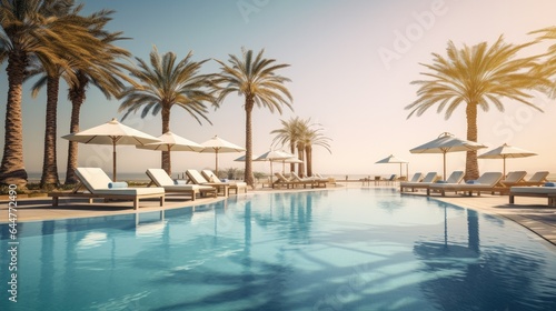 Luxurious swimming pool and loungers umbrellas near beach.