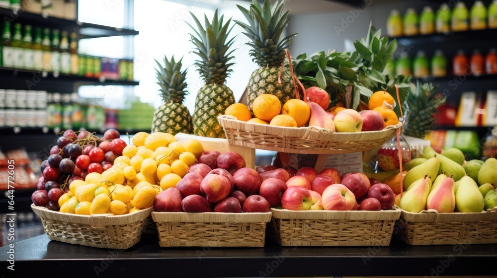 Various colorful fruits in baskets on shelves in supermarket