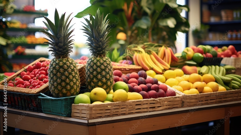 Various colorful fruits in baskets on shelves in supermarket Various colorful fruits in baskets on shelves in supermarket
