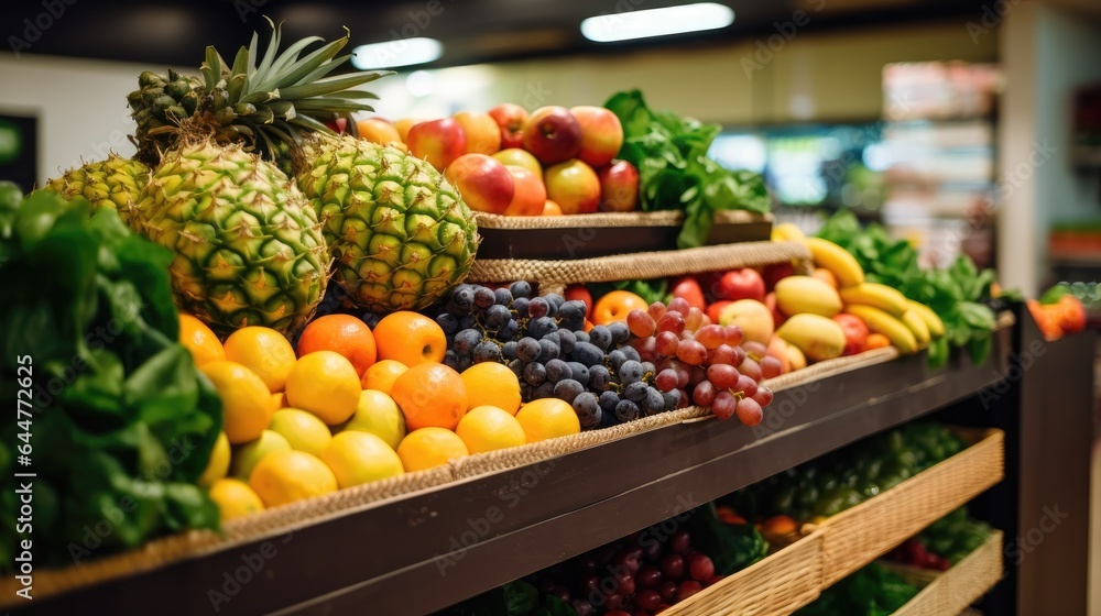 Various colorful fruits in baskets on shelves in supermarket Various colorful fruits in baskets on shelves in supermarket