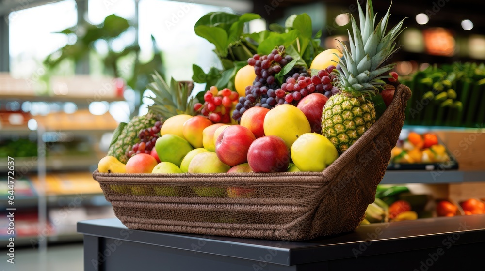 Various colorful fruits in baskets on shelves in supermarket Various colorful fruits in baskets on shelves in supermarket