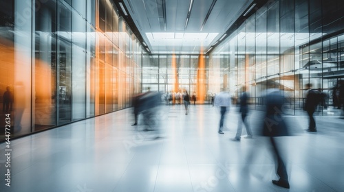 Blurred image of an office hallway with many business people walking in opposite directions.