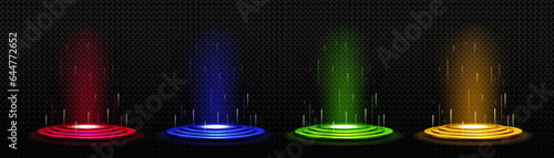 Hologram effect light portal digital podium game. 3d blue magic glow teleport platform with ring and hud beam. Fantasy vr ski fi stage interface design. Cyber level base element with neon laser