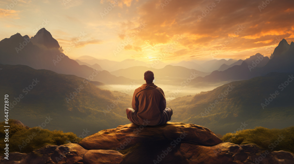 Back view of a man sitting in the yoga pose in the sunrise