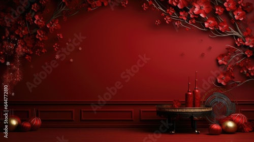 Chinese New Year background with red and gold elements, banner copy space  ai generative © mariof