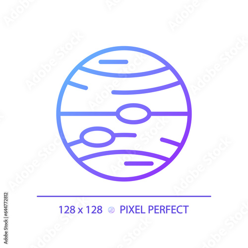 Jupiter pixel perfect gradient linear vector icon. Planetary astronomy. Solar system. Space mission. Science education. Thin line color symbol. Modern style pictogram. Vector isolated outline drawing