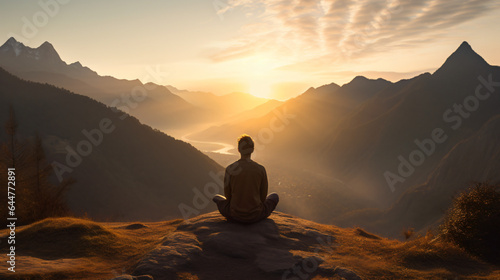 Back view of a man sitting in the yoga pose in the sunrise