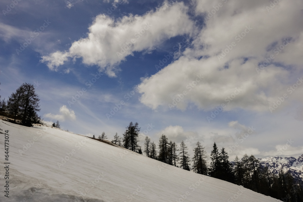 snowy hills with trees and beautiful clouds snowy hills with trees and beautiful clouds