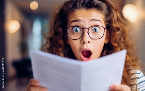Shocked and surprised teen reading school report