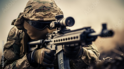 Close-up of skilled army sniper aiming with optical