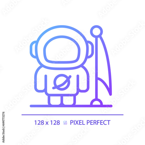Man on moon pixel perfect gradient linear vector icon. Lunar landing. Astronaut suit. Space achievement. First step. Thin line color symbol. Modern style pictogram. Vector isolated outline drawing