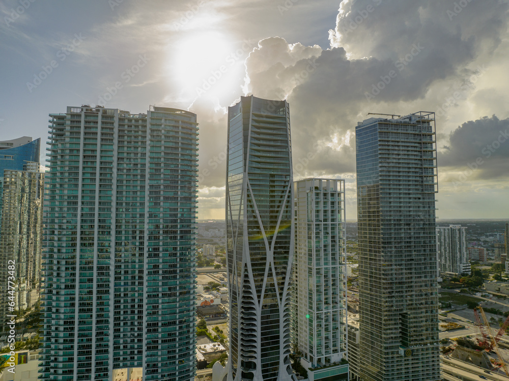 Obraz premium Skyline of Miami downtown at dusk. Florida, United States, Miami City on Sunny Day, USA. Aerial View stock photo, Miami skyline as seen from air