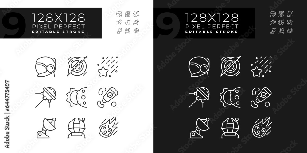 Space station pixel perfect linear icons set for dark, light mode. Zero gravity. Celestial event. Science research. Thin line symbols for night, day theme. Isolated illustrations. Editable stroke