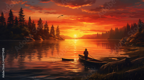 Fishing on the lake at sunset