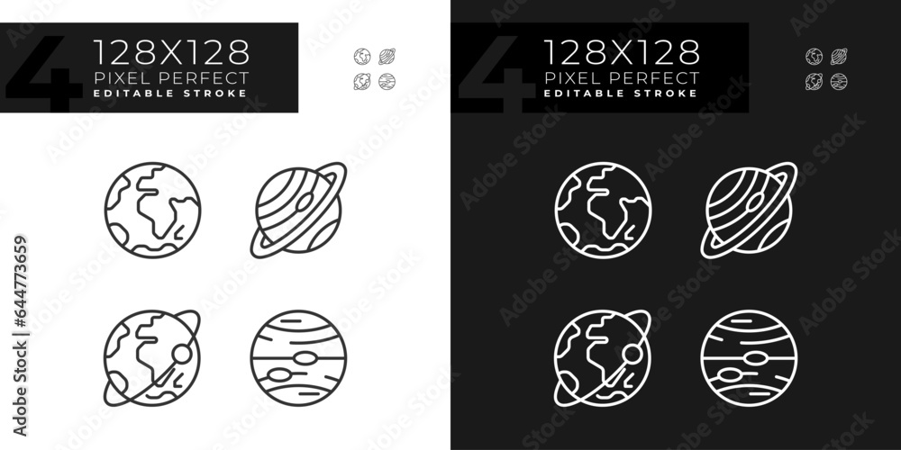 Planets pixel perfect linear icons set for dark, light mode. Astronomy education. Space body. Planetary system. Thin line symbols for night, day theme. Isolated illustrations. Editable stroke