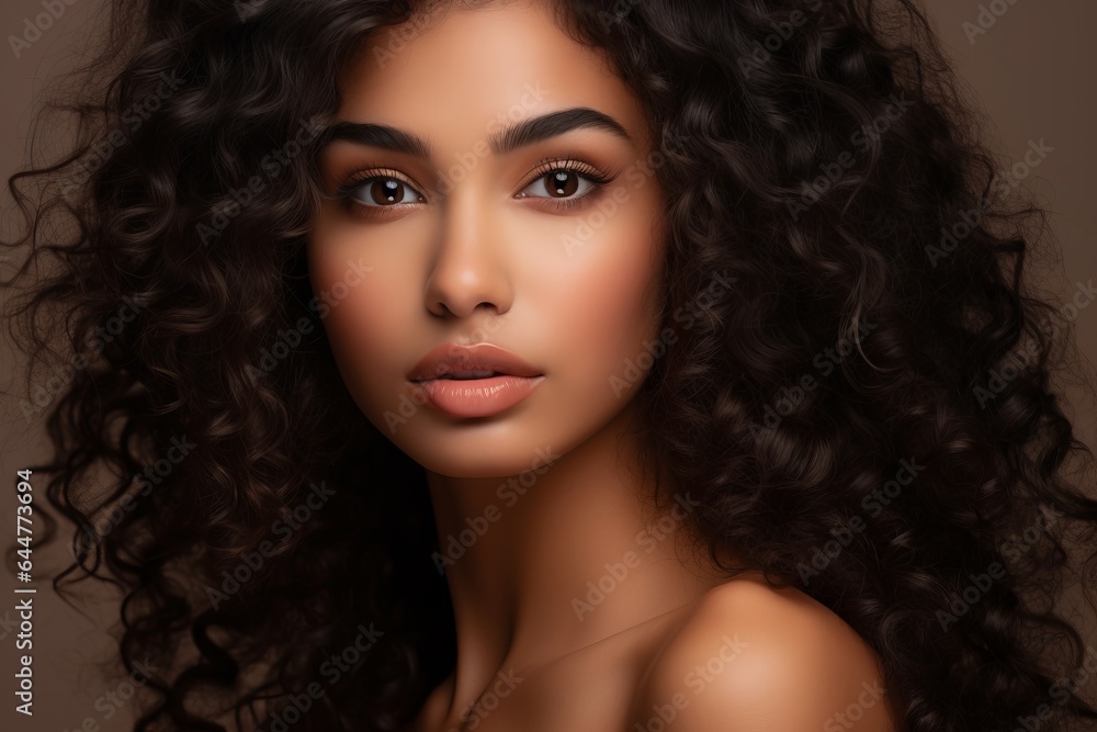 a macro close-up studio fashion portrait of a face of a young african woman with perfect skin, black hair and immaculate make-up. Skin beauty and hormonal female health concept.