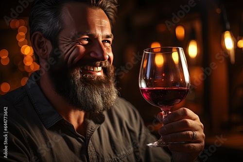 Bearded man enjoying a glass of wine looking at his wife