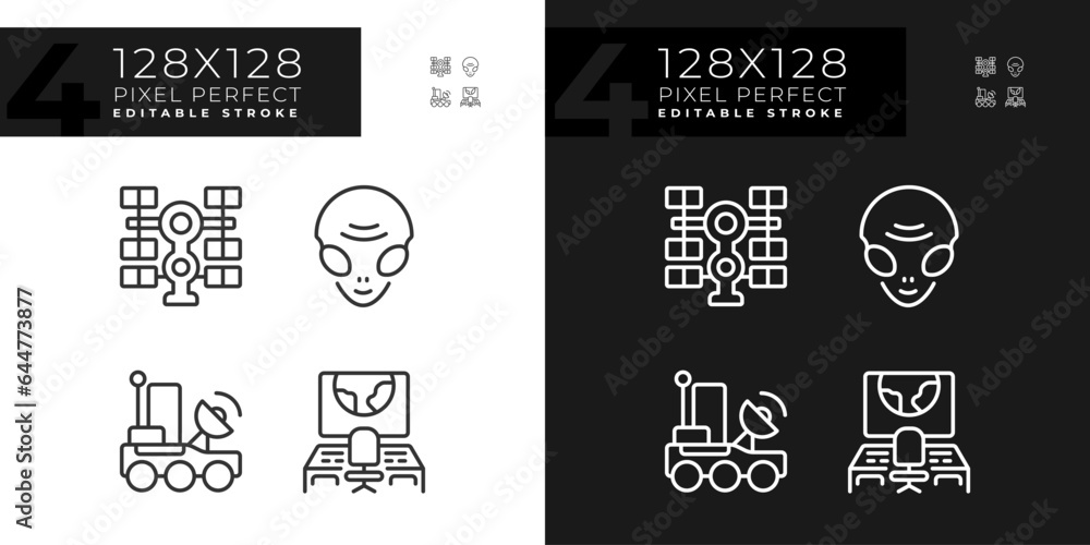 Sci fi pixel perfect linear icons set for dark, light mode. Space mission. Cosmic galaxy. Extraterrestrial life. Thin line symbols for night, day theme. Isolated illustrations. Editable stroke