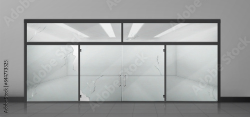 Broken glass door in shopping mall or office building. Vector realistic illustration of empty hall with room entrance, cracks on damaged showcase after robbery, tiled floor, led lamps on ceiling