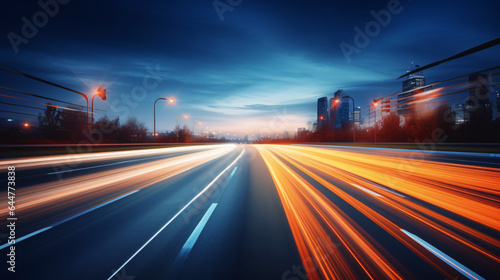 Road with light trails of passing vehicles.