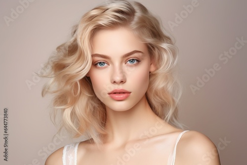 a macro close-up studio fashion portrait of a face of a young blond caucasian woman with perfect skin, hair and immaculate make-up. Skin beauty and hormonal female health concept.