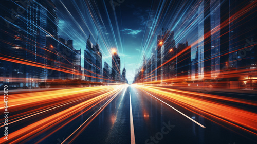 Road with light trails of passing vehicles.