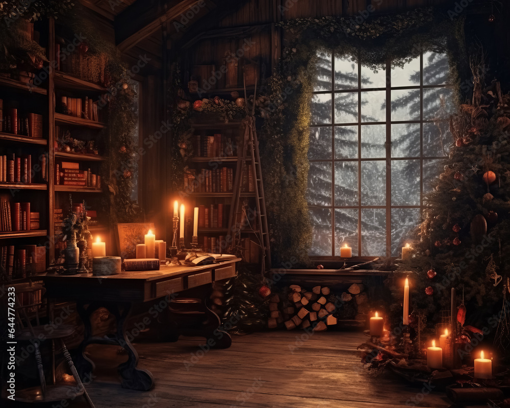 Christmas interior in the library, retro style. Generative AI Christmas interior in the library, retro style. Generative AI