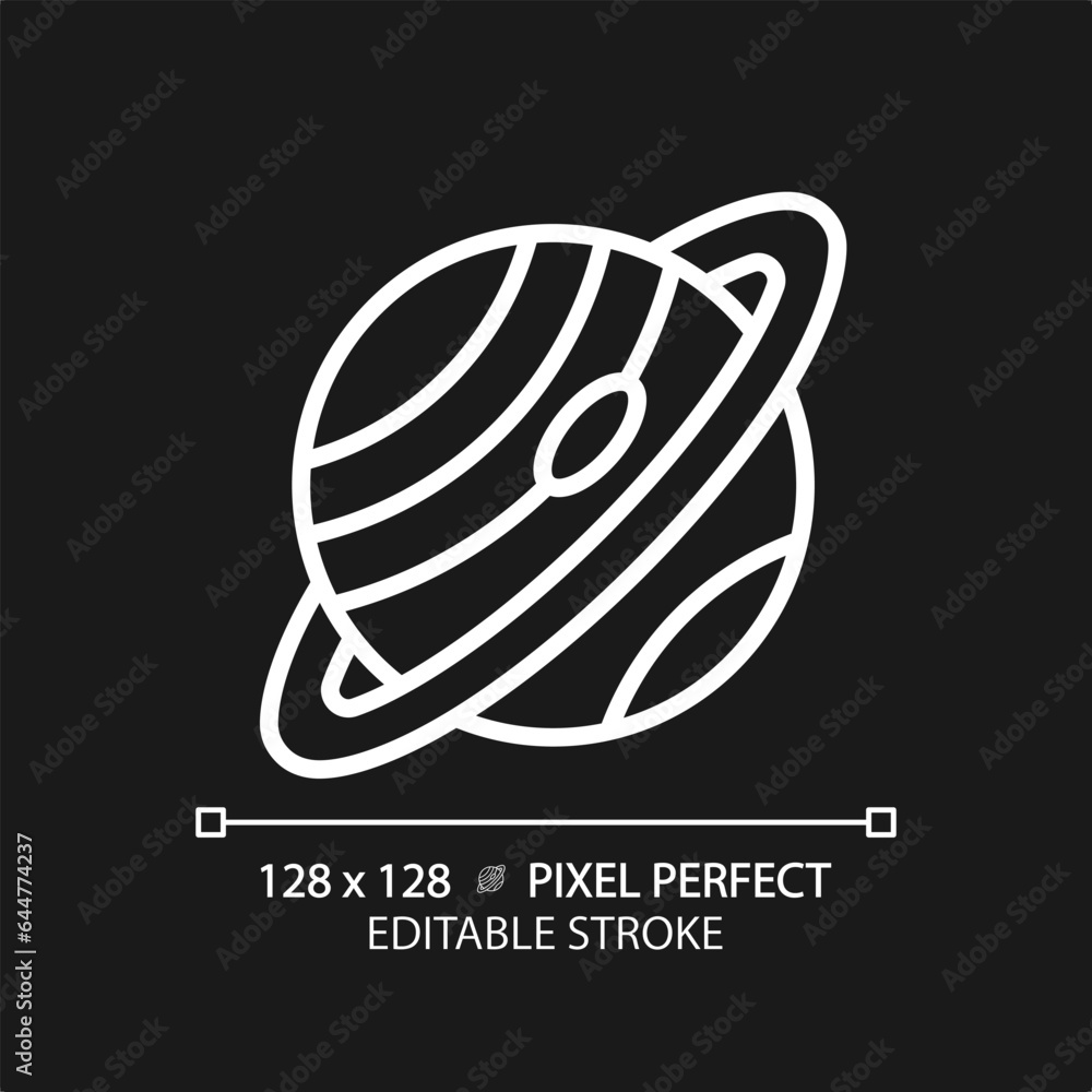 Saturn pixel perfect white linear icon for dark theme. Ring planet ...
