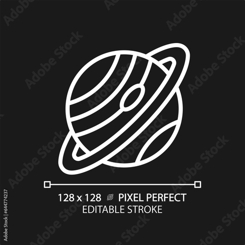 Saturn pixel perfect white linear icon for dark theme. Ring planet. Deep space. Planetary astronomy. Science project. Thin line illustration. Isolated symbol for night mode. Editable stroke