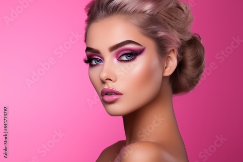 a macro close-up studio fashion portrait of a face of a young blond caucasian woman with perfect skin, hair and immaculate make-up. Skin beauty and hormonal female health concept.