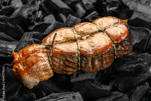 Grilled salmon steak on a dark background, banner, menu, recipe place for text, top view
