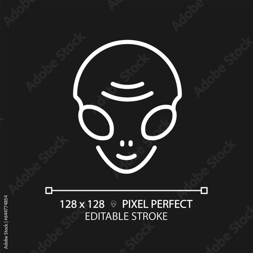 Alien face pixel perfect white linear icon for dark theme. Extraterrestrial life. Ufo sighting. Paranormal activity. Thin line illustration. Isolated symbol for night mode. Editable stroke