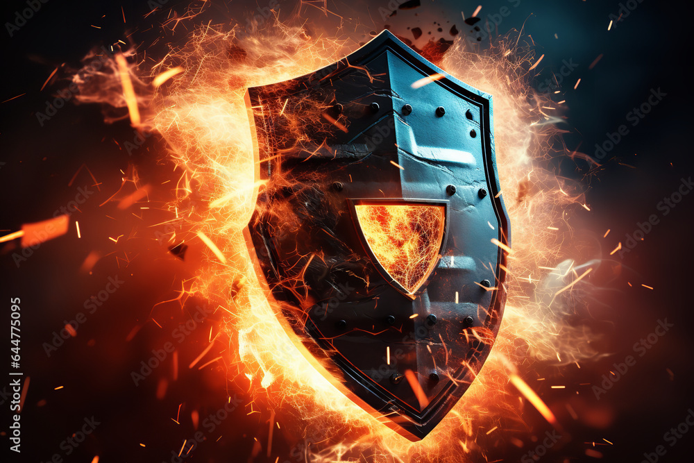 In a chaotic digital space, a formidable cybersecurity shield stands