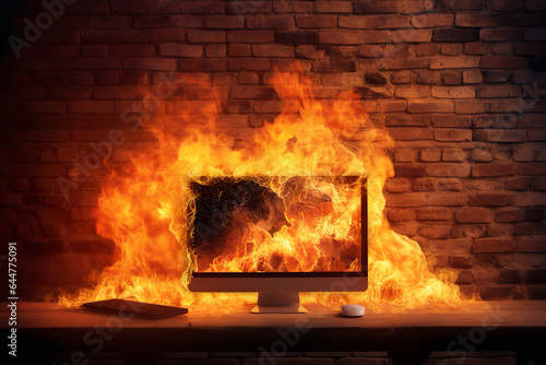 Bright flames consume a digital firewall symbol, powerfully illustrating the dangerous aftermath of a compromised cyber defense