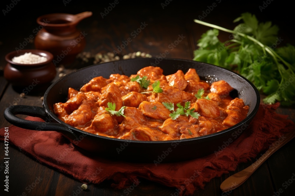 Frying pan chicken masala spicy food. Generate Ai