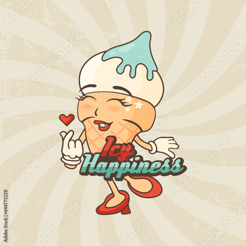 Trendy ice cream logo poster in Groovy style. Ice happiness logo. Branding mascot for cafe. Vector illustration