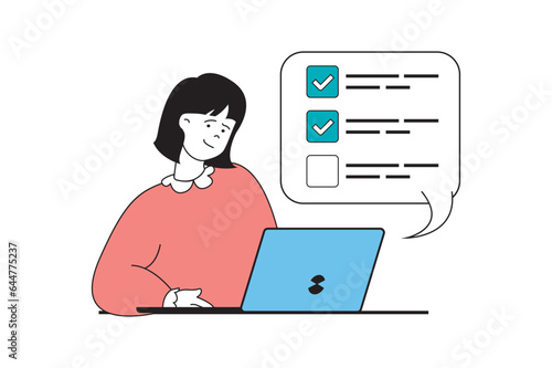 Online survey concept with people scene in flat web design. Woman choosing answer in test and ticking checkbox in digital form quiz. Vector illustration for social media banner, marketing material.