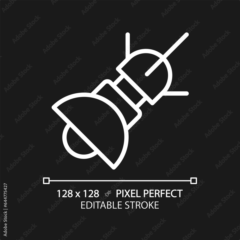 Space based radar pixel perfect white linear icon for dark theme. Tracking system. Satellite technology. Earth observation. Thin line illustration. Isolated symbol for night mode. Editable stroke Space based radar pixel perfect white linear icon for dark theme. Tracking system. Satellite technology. Earth observation. Thin line illustration. Isolated symbol for night mode. Editable stroke