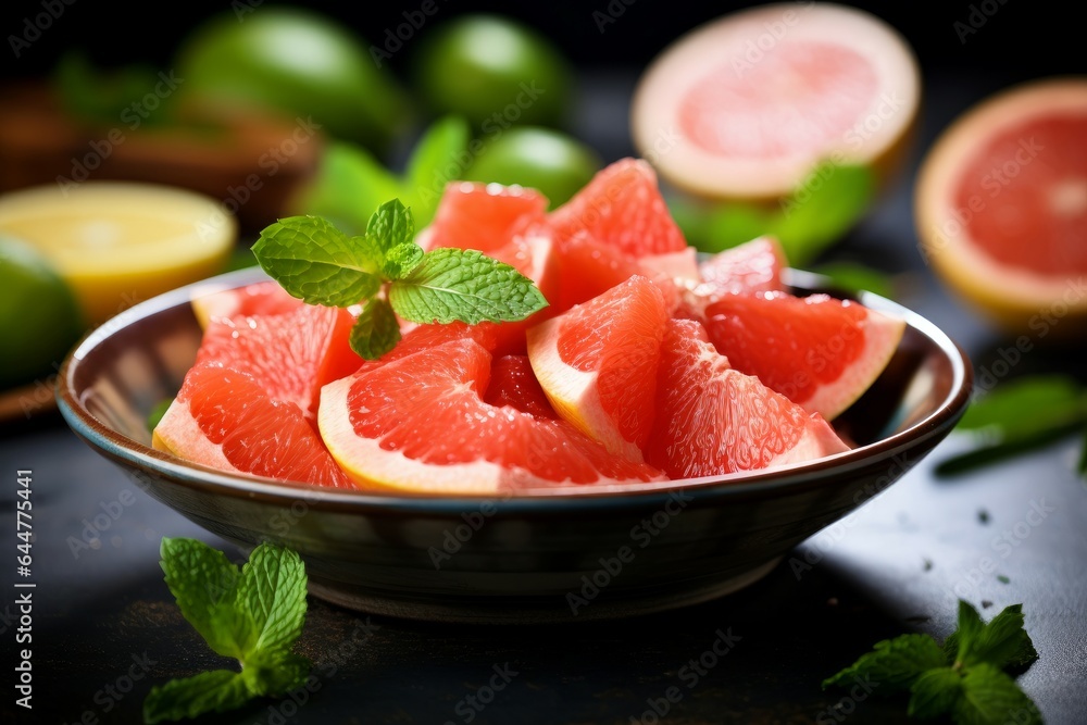 Grapefruit pieces mint bowl delicious. Generate Ai Grapefruit pieces mint bowl delicious. Generate Ai