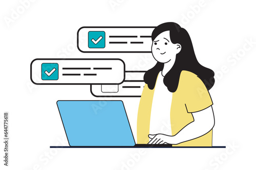Online survey concept with people scene in flat web design. Woman sharing her user experience and leaving feedback comments and review. Vector illustration for social media banner, marketing material.