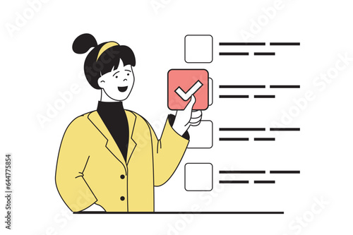 Online survey concept with people scene in flat web design. Woman putting checkbox in form, answering questionnaire or exam test. Vector illustration for social media banner, marketing material.