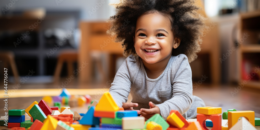 Curiosity in color: Young Black child engaging with vibrant wooden play