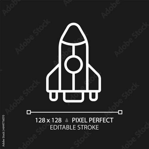 Rocket pixel perfect white linear icon for dark theme. Space vehicle. Aerospace engineering. New product. Future technology. Thin line illustration. Isolated symbol for night mode. Editable stroke