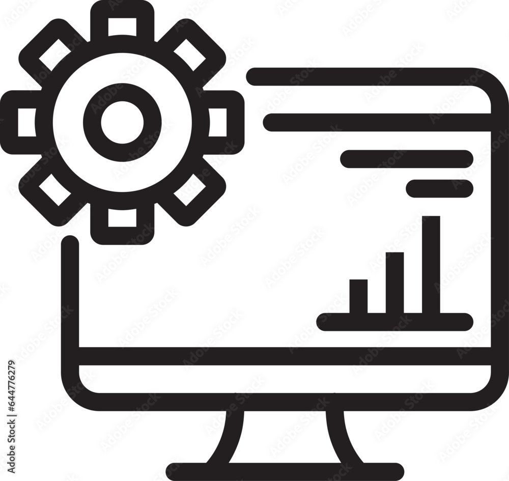 Black thin line art Cogwheel with Bar Graph in Monitor Screen icon. Black thin line art Cogwheel with Bar Graph in Monitor Screen icon.