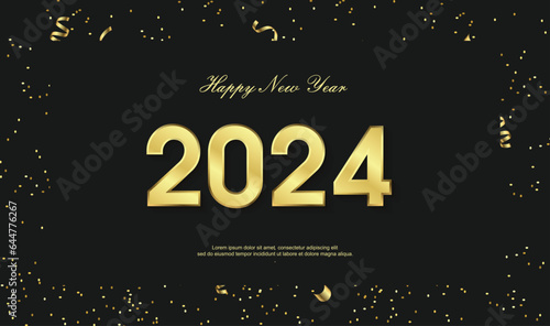 Happy new year 2024. with gold ribbon on black background. 2024 year