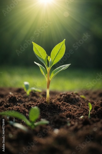 Green seedling growing in soil on nature background, new life concept