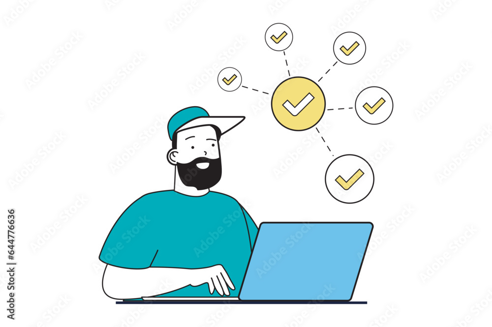 Productivity workplace concept with people scene in flat web design. Man doing work tasks, finding success solutions and automation. Vector illustration for social media banner, marketing material. Productivity workplace concept with people scene in flat web design. Man doing work tasks, finding success solutions and automation. Vector illustration for social media banner, marketing material.