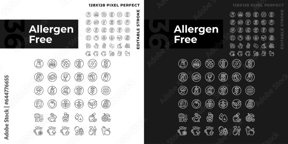 2D pixel perfect dark and light icons pack representing allergen free ...