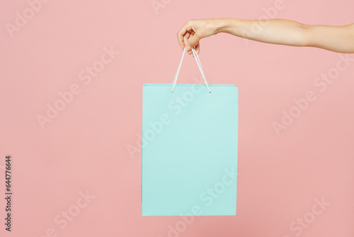 Close up cropped female holding in hand paper package bag after shopping isolated on pastel plain light pink color background studio. Black Friday sale buy day concept. Copy space advertising mock up.