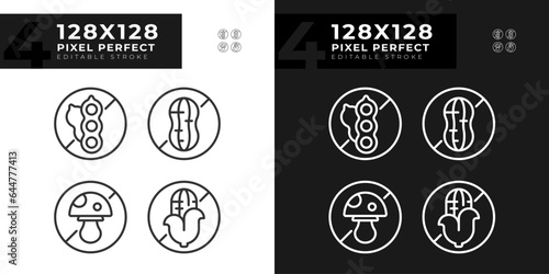 2D pixel perfect set of dark and light icons representing allergen free, editable thin line illustration.